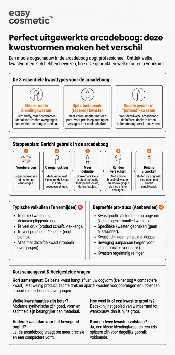 Welke kwastvormen zijn het meest geschikt om oogschaduw precies in de arcadeboog te blenden?