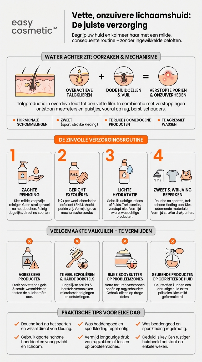 Welke lichaamsverzorging is geschikt voor een vette of tot onzuiverheden neigende lichaamshuid?