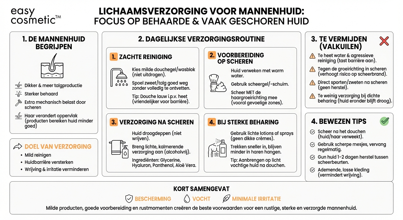 Welke lichaamsverzorging is geschikt voor mannenhuid die vaak wordt geschoren of sterk behaard is?