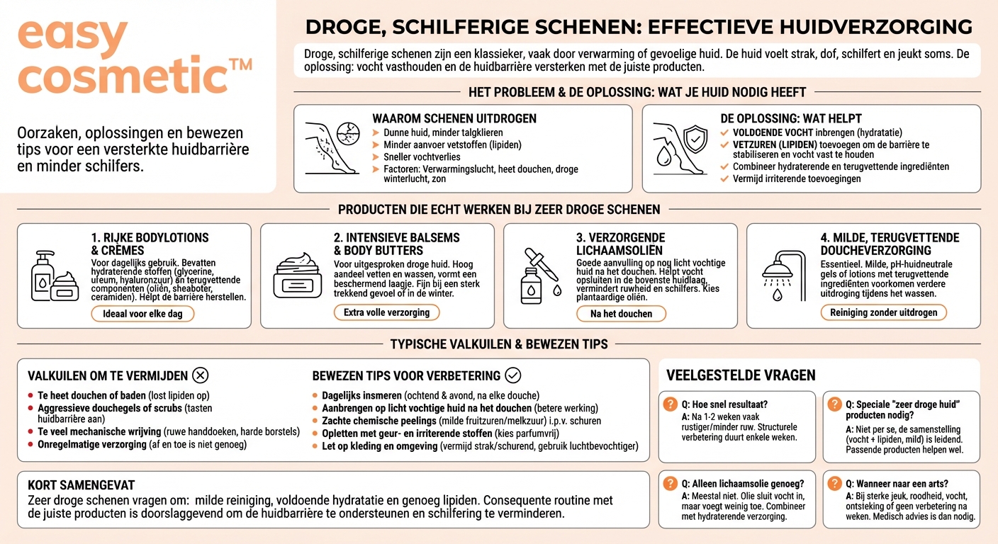 Welke lichaamsverzorgingsproducten zijn bijzonder geschikt voor zeer droge, schilferige scheenbenen?