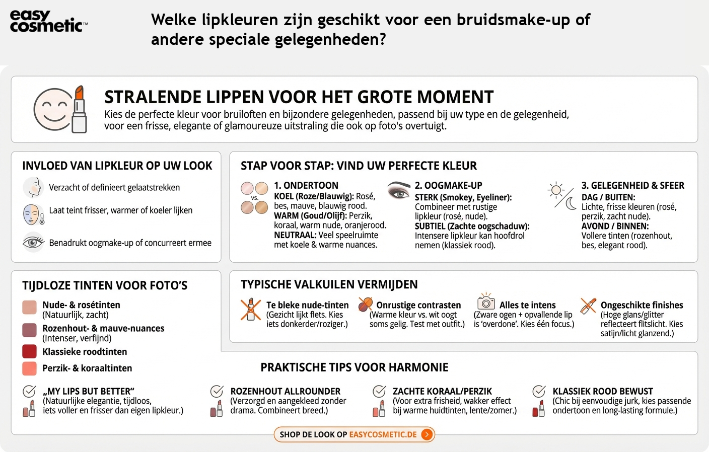 Welke lipkleuren zijn geschikt voor een bruidsmake-up of andere speciale gelegenheden?