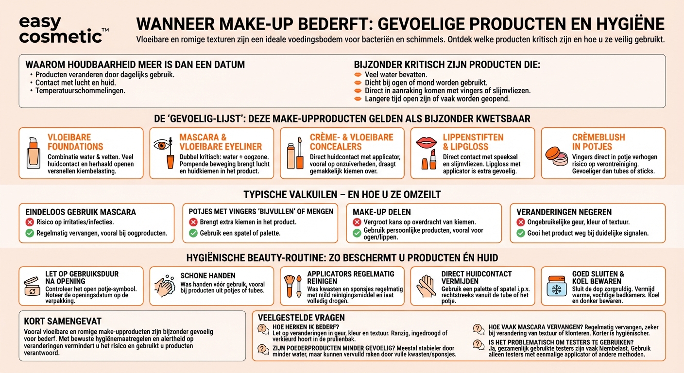 Welke make-upproducten zijn qua houdbaarheid en kiembelasting bijzonder gevoelig?