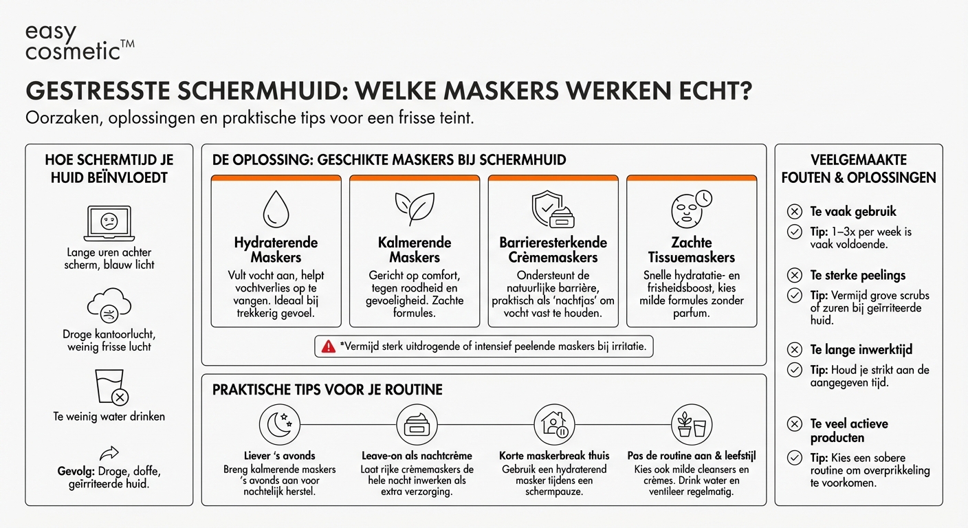 Welke maskers zijn verstandig als ik veel achter een scherm zit en mijn huid gestrest oogt?