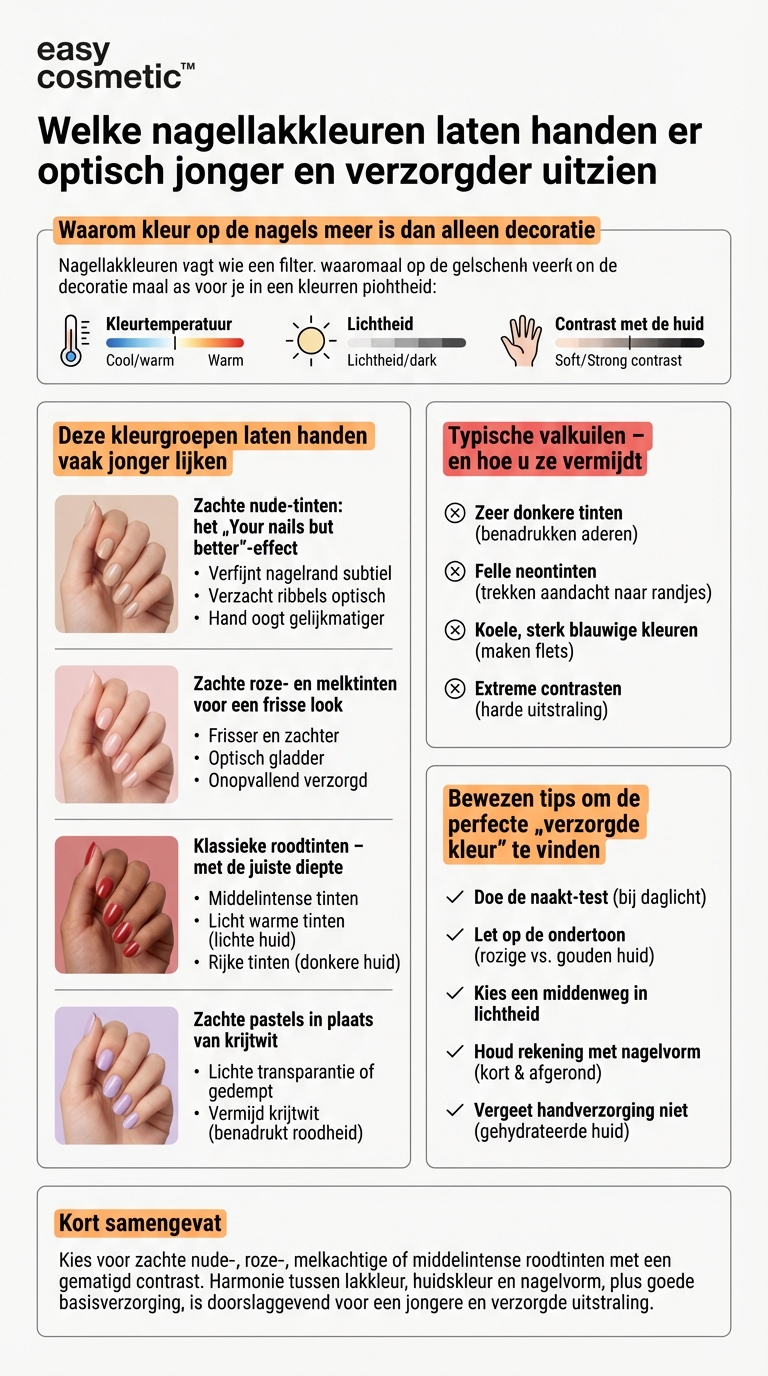 Welke nagellakkleuren laten handen er optisch jonger of beter verzorgd uitzien?