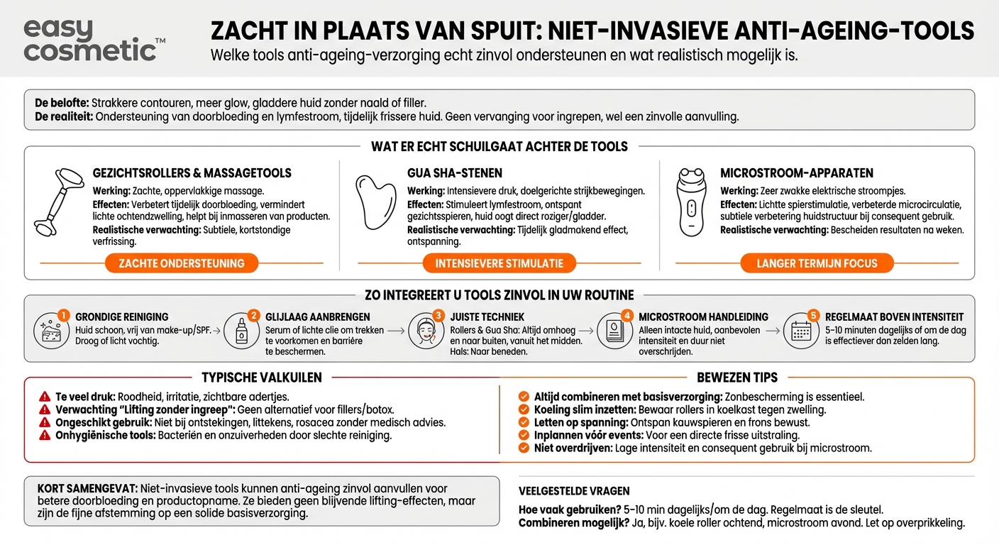 Welke niet-invasieve methoden zoals rollers, gua sha of microstroom ondersteunen anti-agingverzorging op een zinvolle manier?