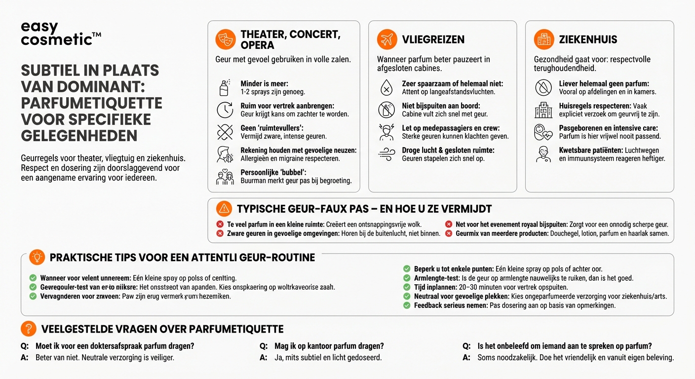 Welke parfumetiquette geldt bij speciale gelegenheden zoals theater, vliegreizen of in het ziekenhuis?