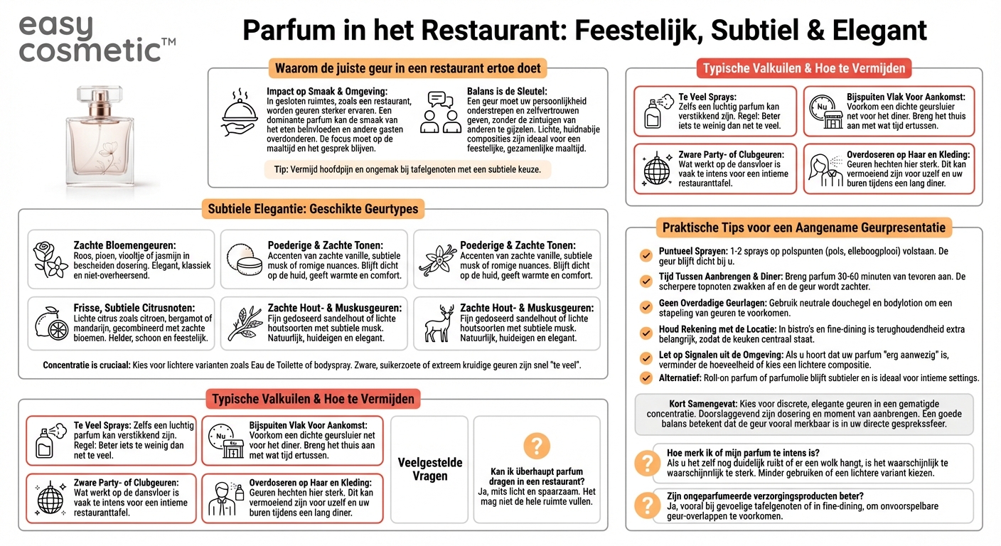 Welke parfums zijn geschikt voor feestelijke gelegenheden met aansluitend een restaurantbezoek, zonder andere gasten te storen?
