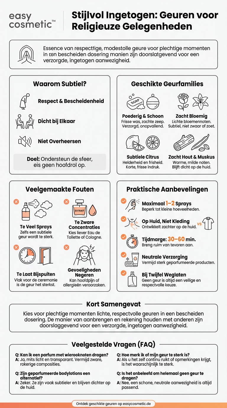 Welke parfums zijn geschikt voor plechtige religieuze gelegenheden of ceremonies waarbij subtiele geuren gewenst zijn?