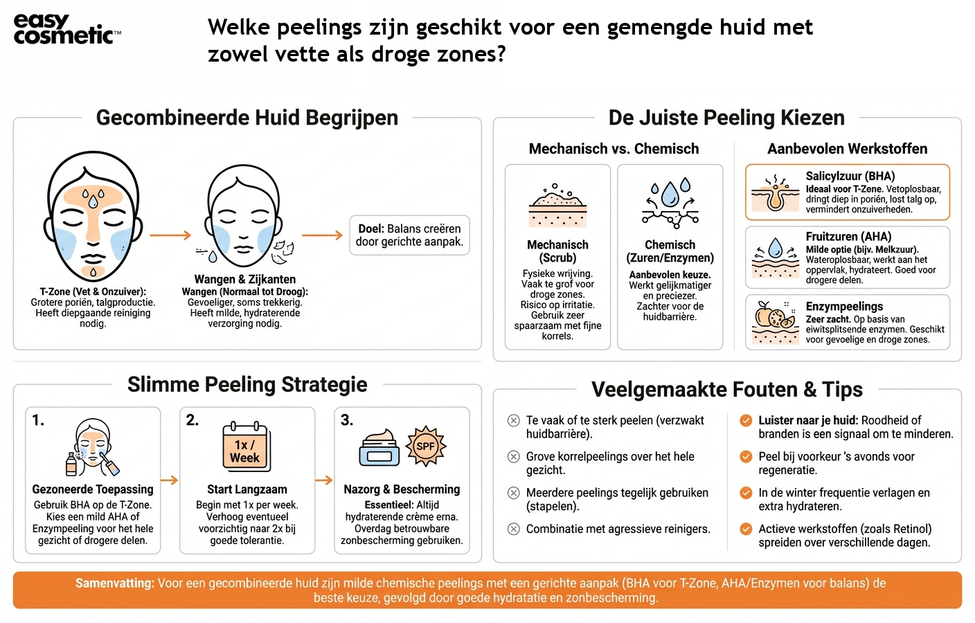 Welke peelings zijn geschikt voor een gemengde huid met zowel vette als droge zones?