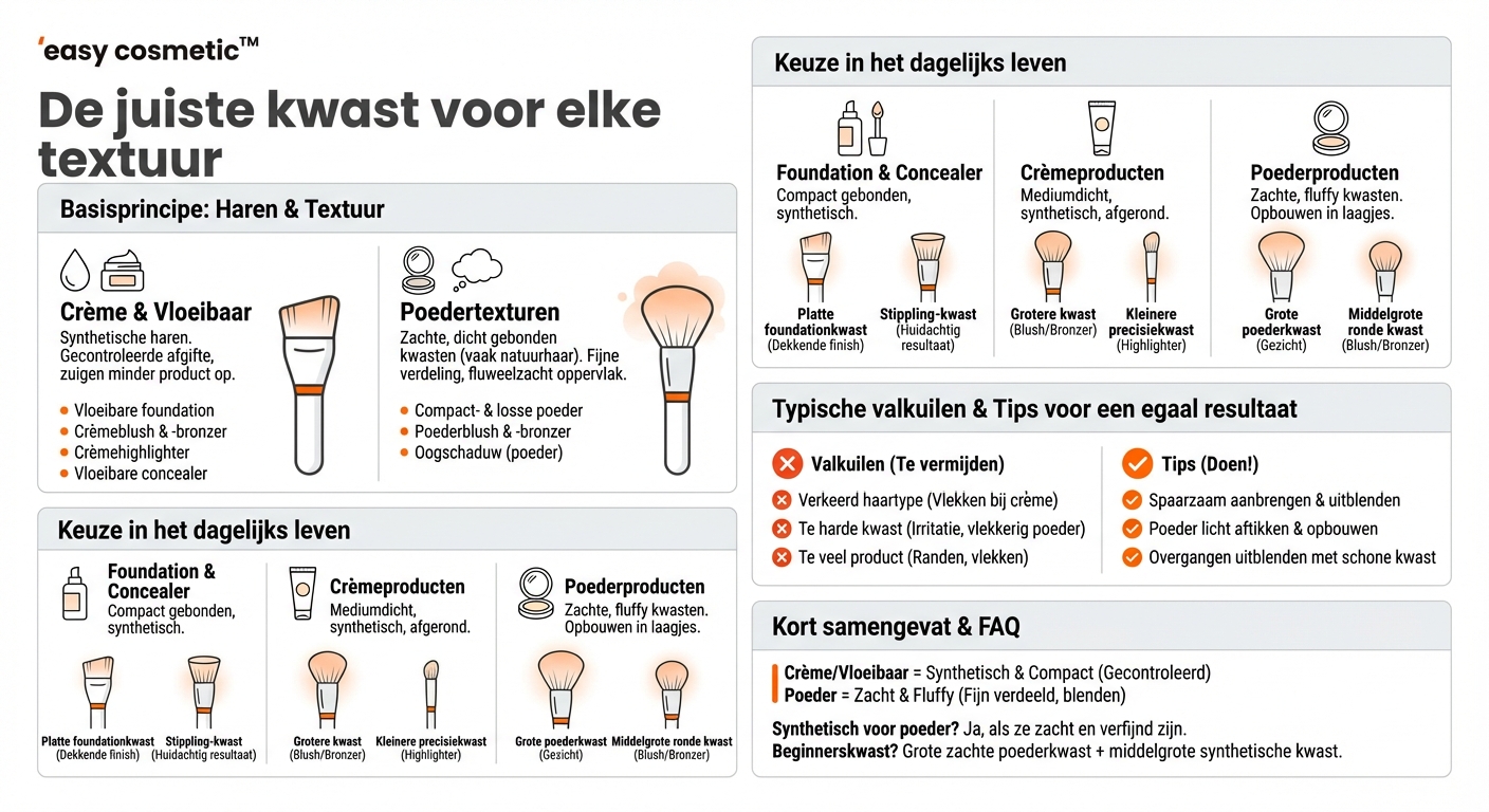 Welke penselen zijn het meest geschikt voor romige en vloeibare en welke voor poedertexturen?