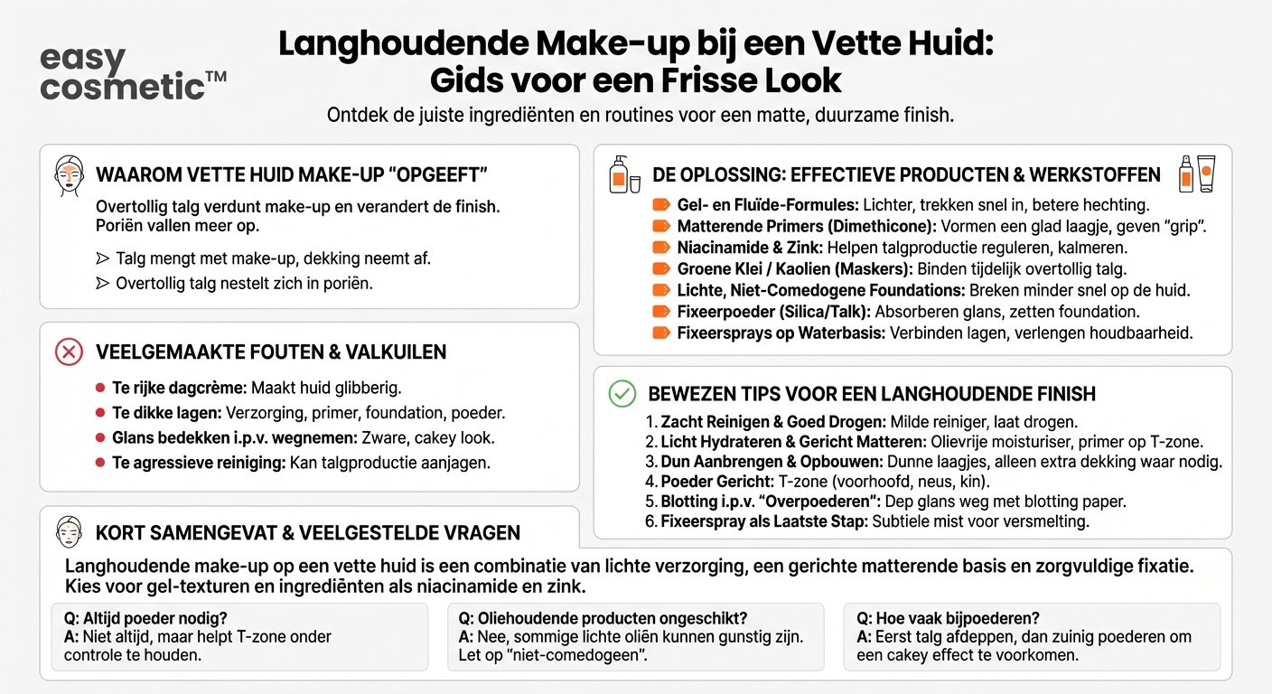 Welke producten en ingrediënten zijn bijzonder geschikt voor een goede houdbaarheid van make-up bij een vette huid?