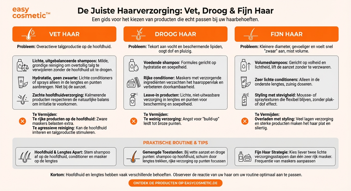 Welke producten passen bij vet, droog of fijn haar?