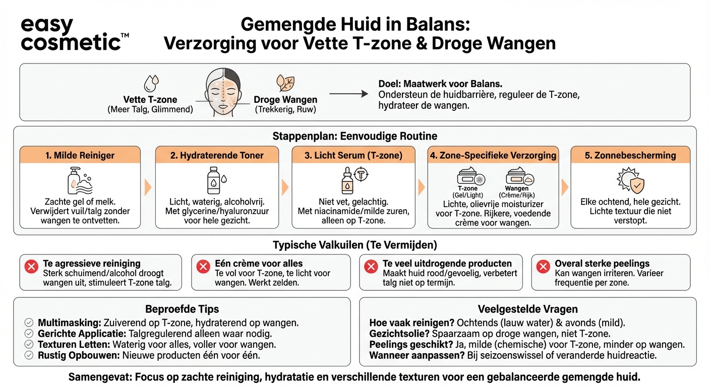Welke producten zijn geschikt voor een gemengde huid met een vette T-zone en droge wangen?