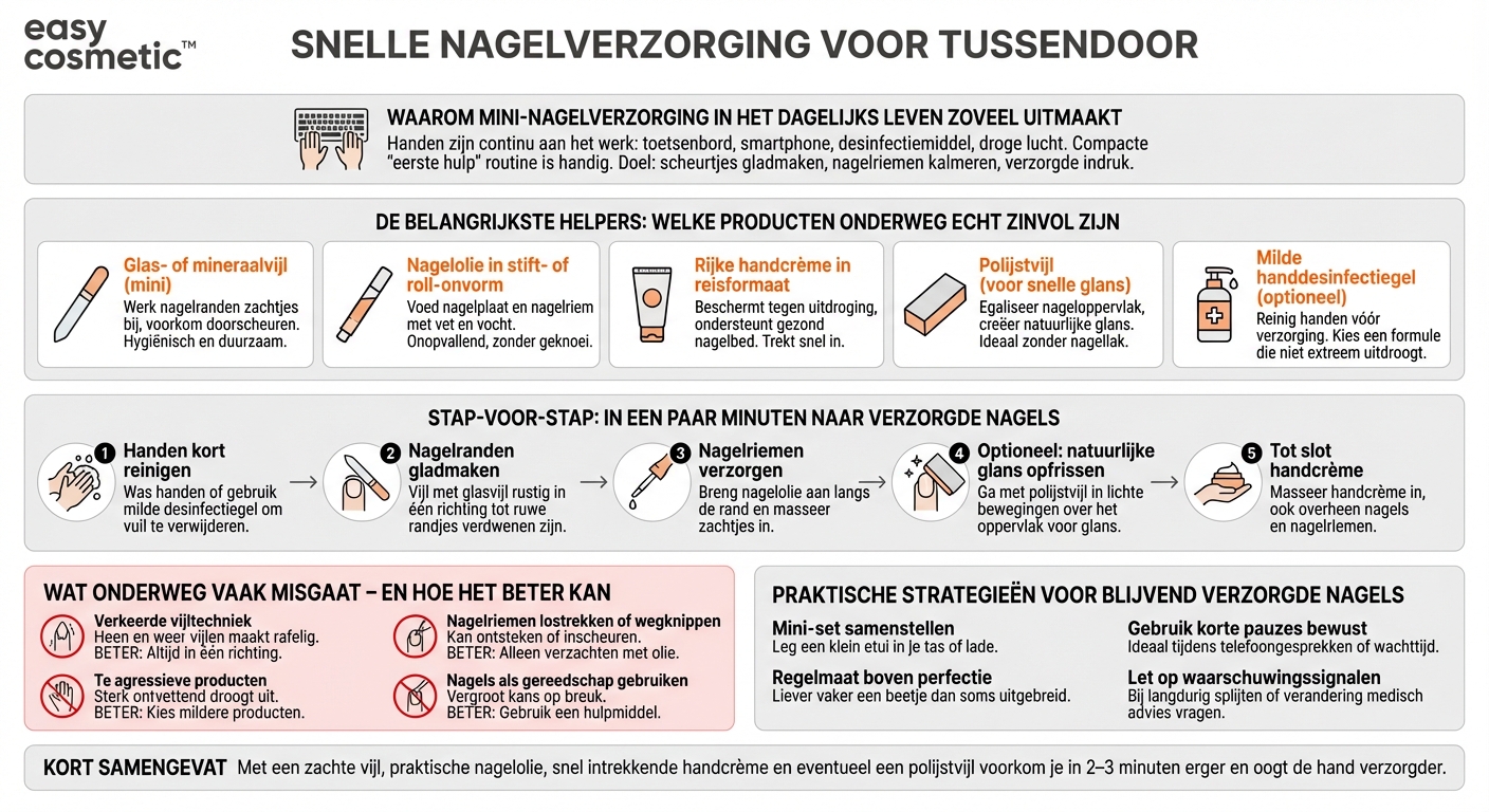 Welke producten zijn geschikt voor snelle nagelverzorging tussendoor, bijvoorbeeld op kantoor of onderweg?