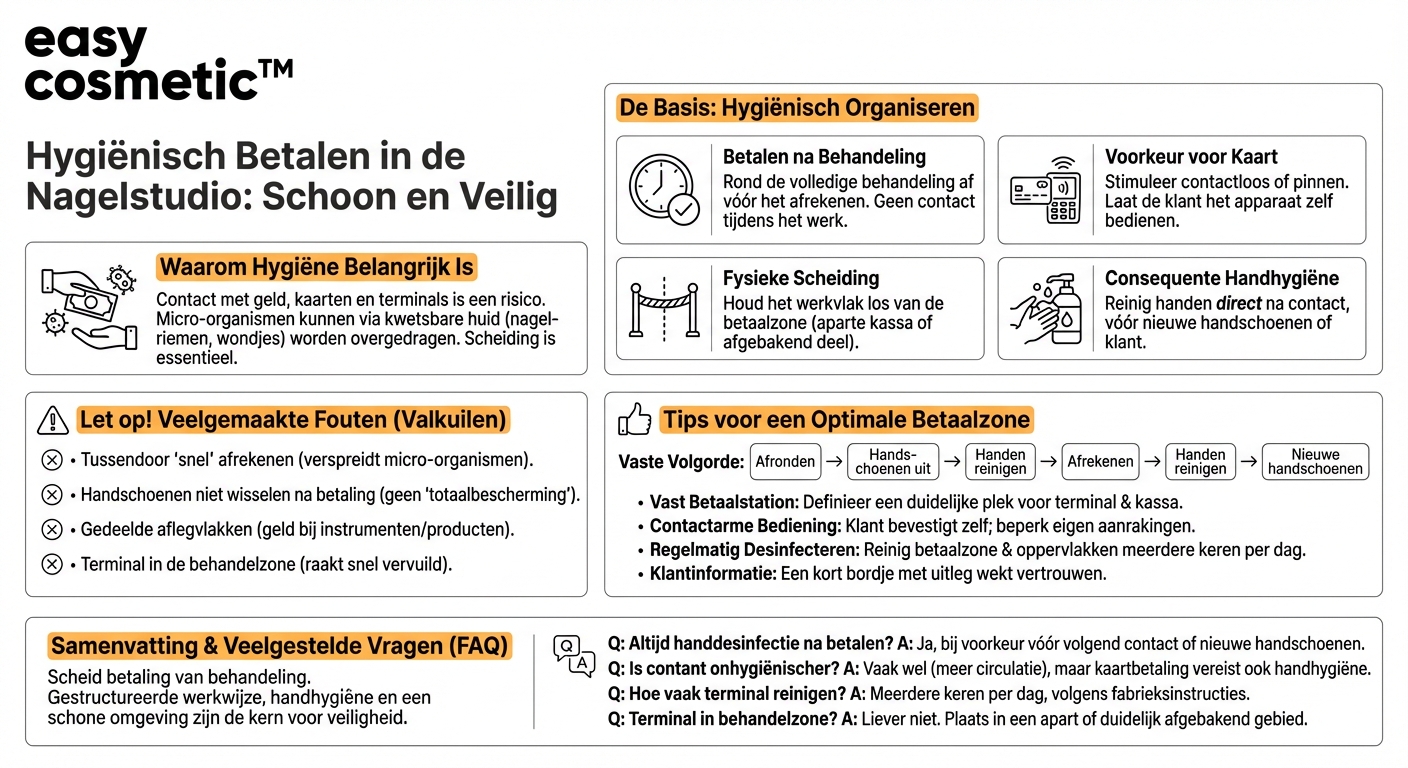 Welke regels gelden voor de hygiënische omgang met contant geld en pinapparaten in de nagelsalon?