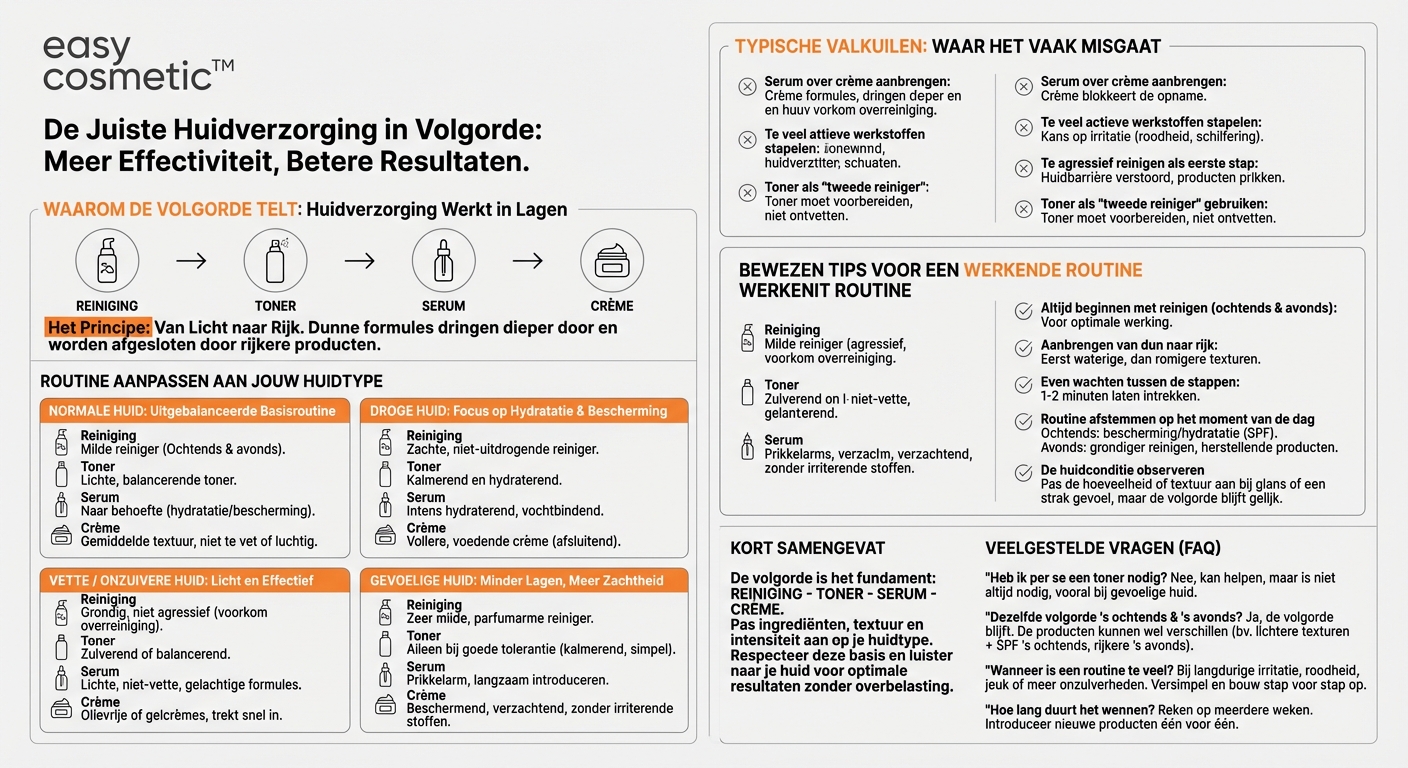 Welke rol speelt de juiste volgorde van producten (reiniging, toner, serum, crème) bij verschillende huidtypen?
