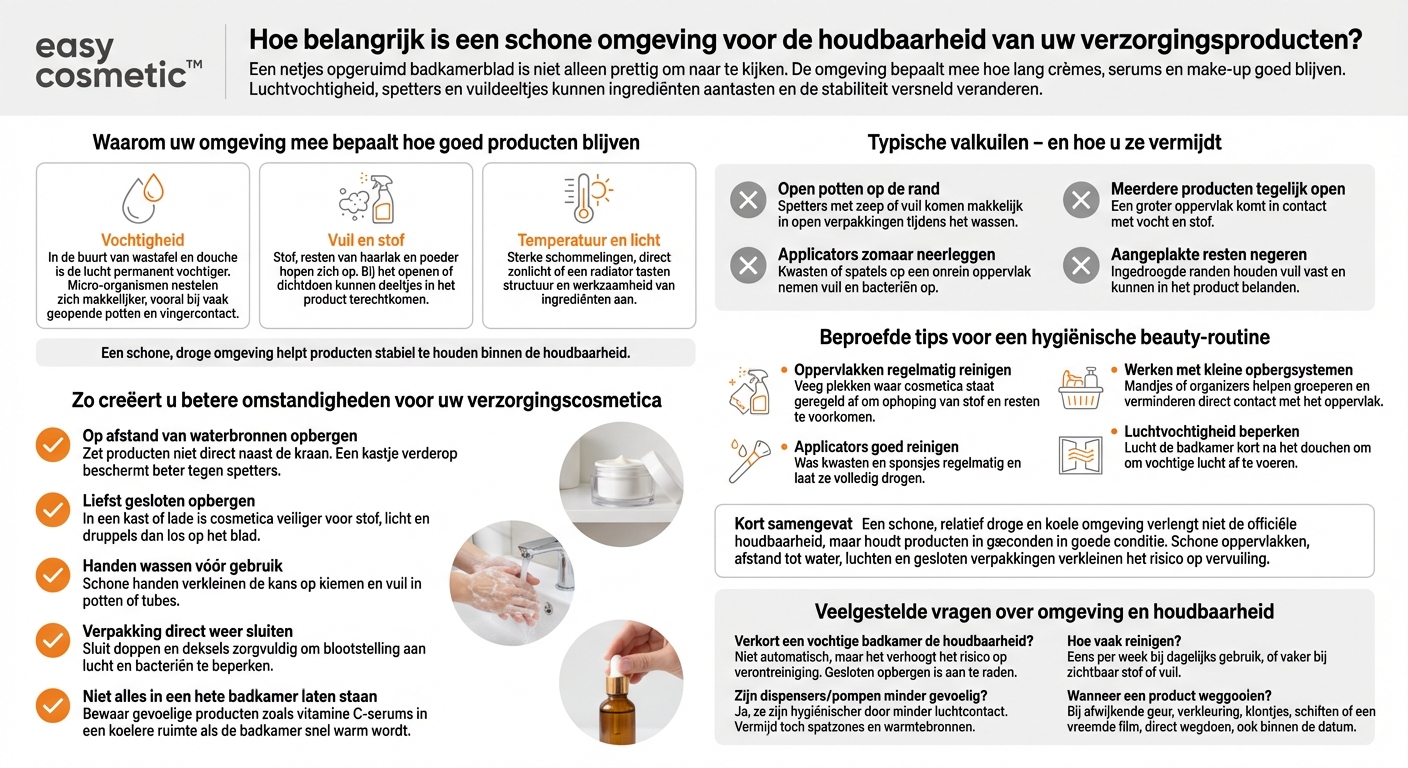 Welke rol speelt een schone omgeving (bijv. gereinigde oppervlakken, niet direct naast de wastafel) voor de houdbaarheid van verzorgingscosmetica?