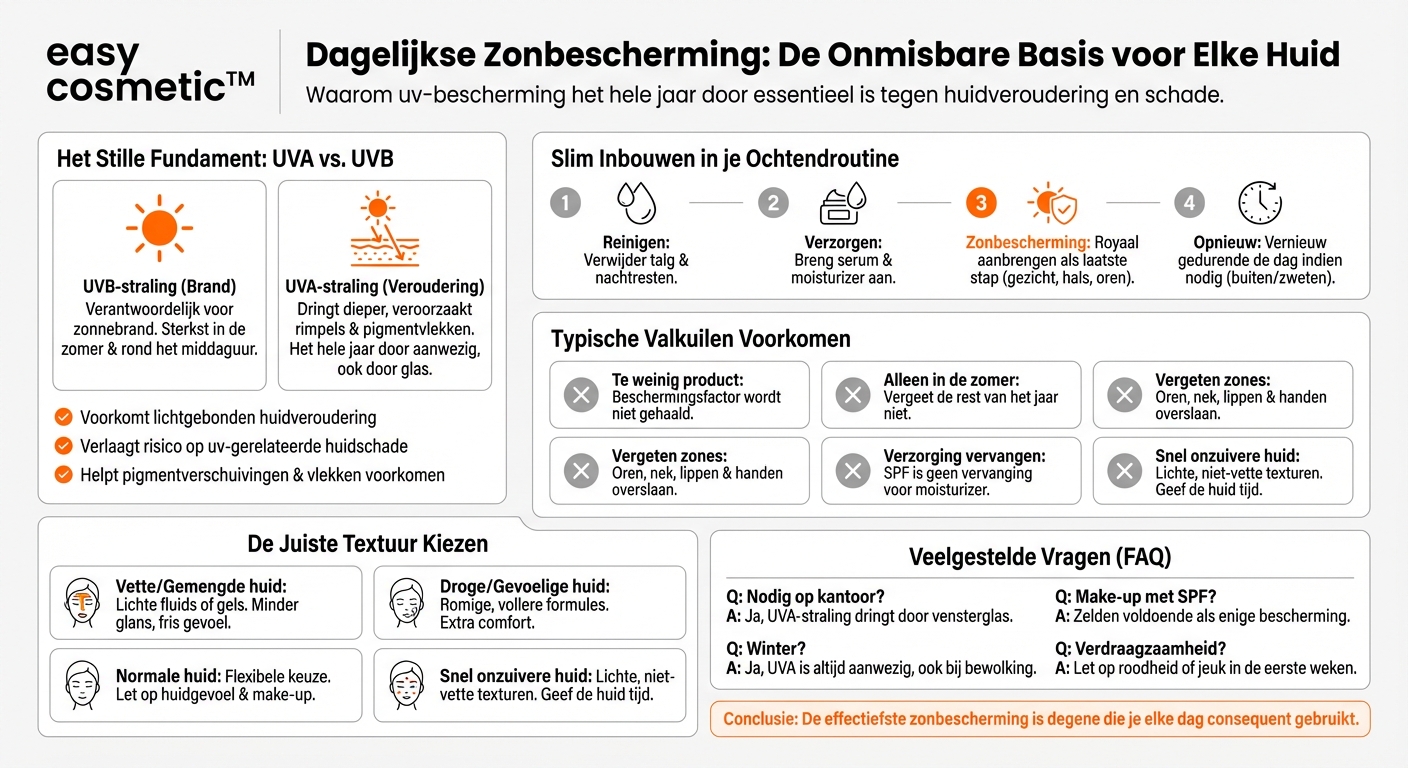 Welke rol speelt zonbescherming in de basis-huidverzorging voor alle huidtypen en hoe kies ik de juiste textuur?