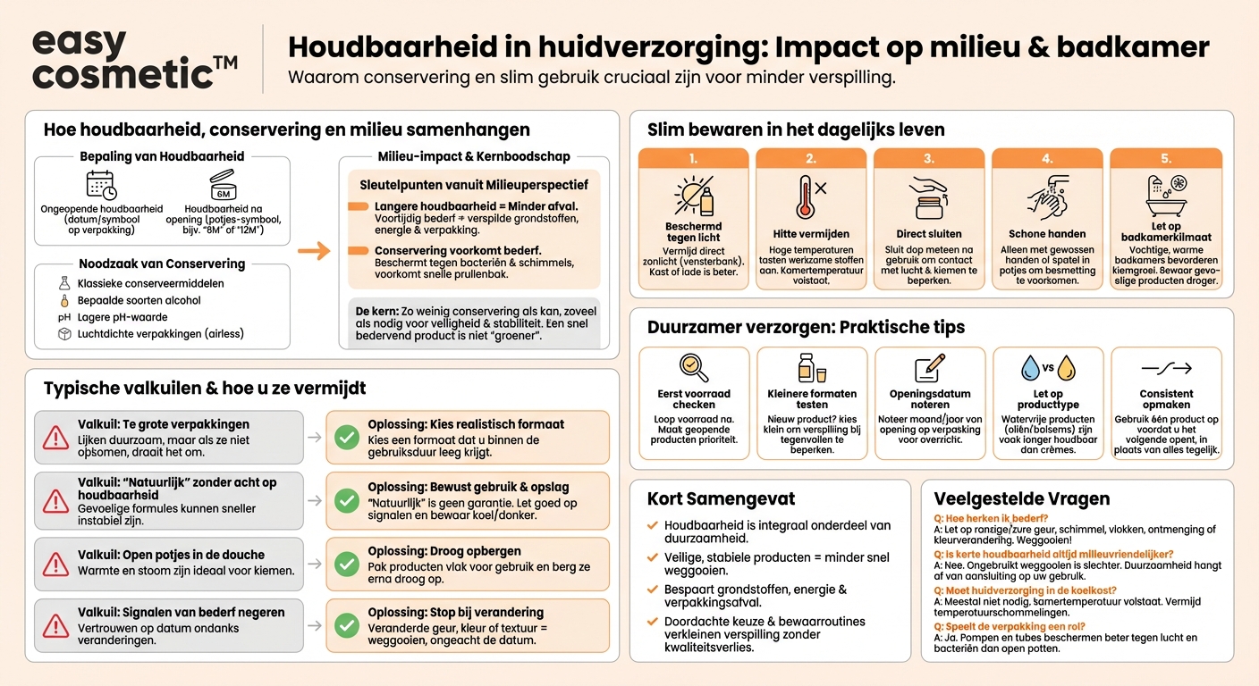 Welke rol spelen de houdbaarheid en conservering van huidverzorgingsproducten voor hun ecologische voetafdruk en hoe kan ik productverspilling door verkeerde opslag voorkomen?