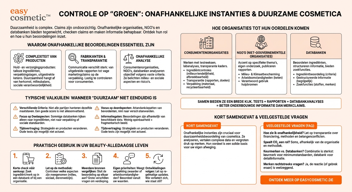 Welke rol spelen onafhankelijke consumentenorganisaties, NGO’s en databanken bij het beoordelen van de duurzaamheid van huidverzorgings- en verzorgingscosmeticamerken?