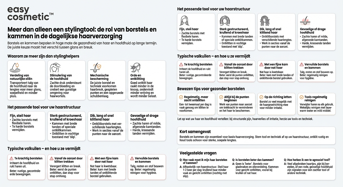 Welke rol spelen verschillende soorten borstels en kammen in de basis haarverzorging?