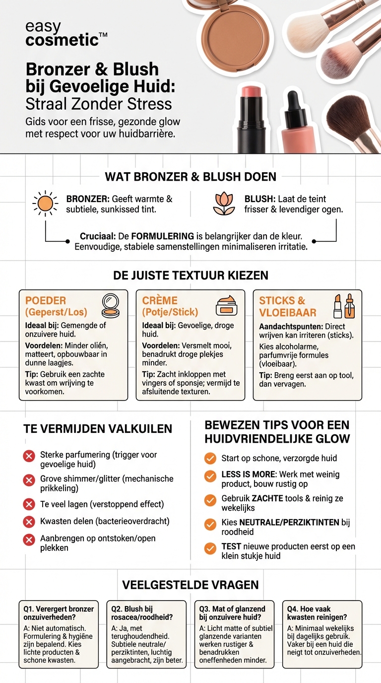 Welke soort bronzer en blush is geschikt voor een gevoelige of onzuivere huid?