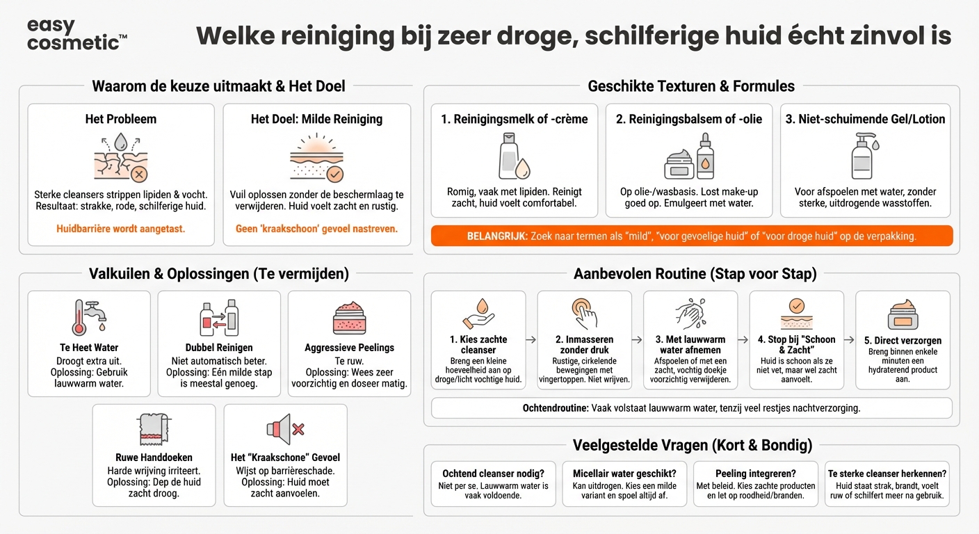 Welke soort reinigingsproduct is geschikt voor een zeer droge, schilferige gezichtshuid?