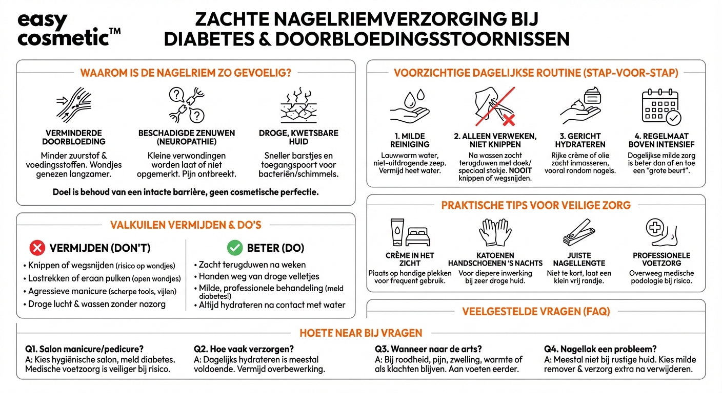 Welke speciale verzorgingstips zijn er voor de nagelriemen van diabetici of mensen met doorbloedingsstoornissen?