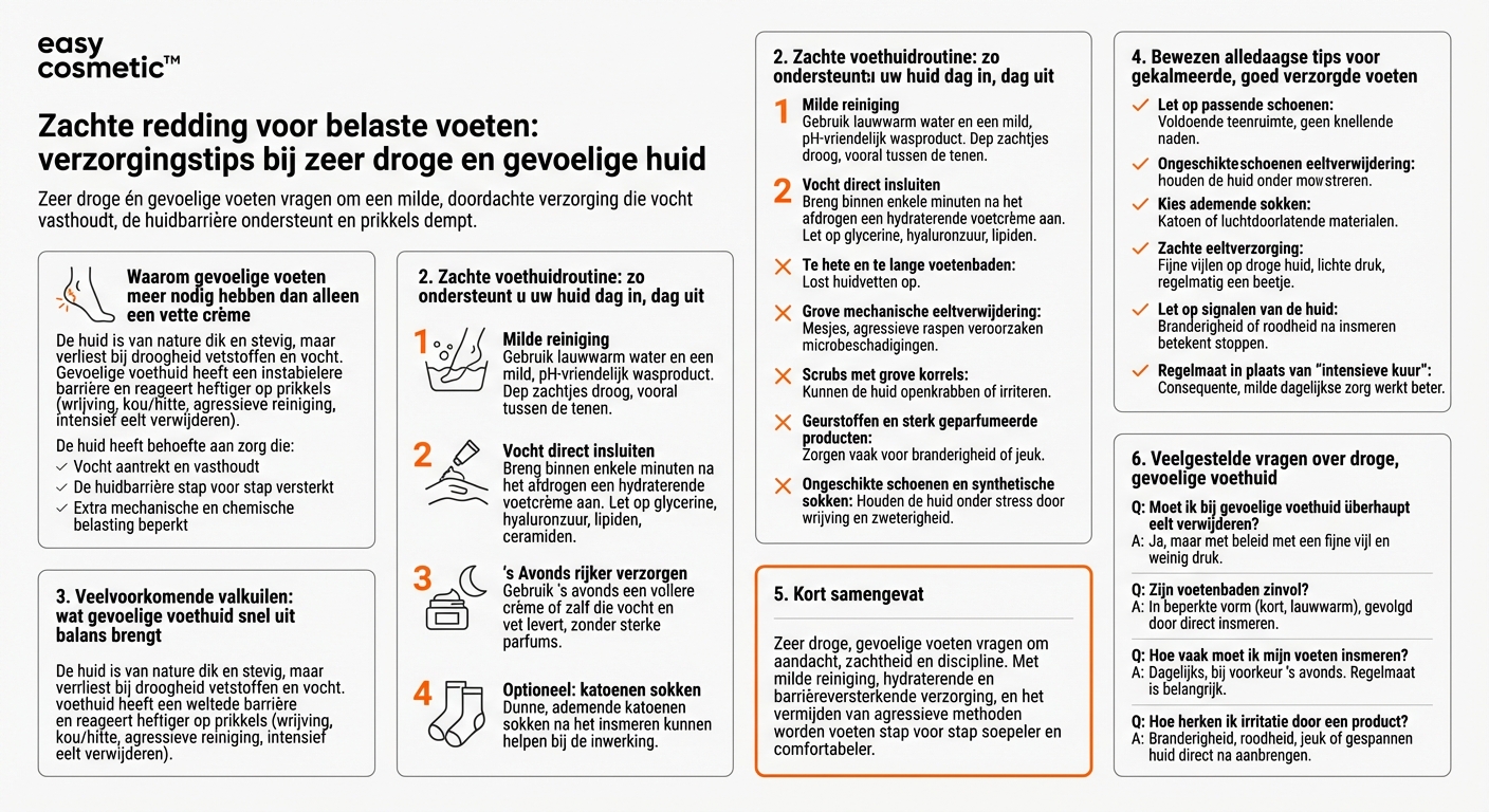 Welke speciale voetverzorgingstips zijn er voor een zeer droge maar tegelijkertijd gevoelige huid op de voeten?