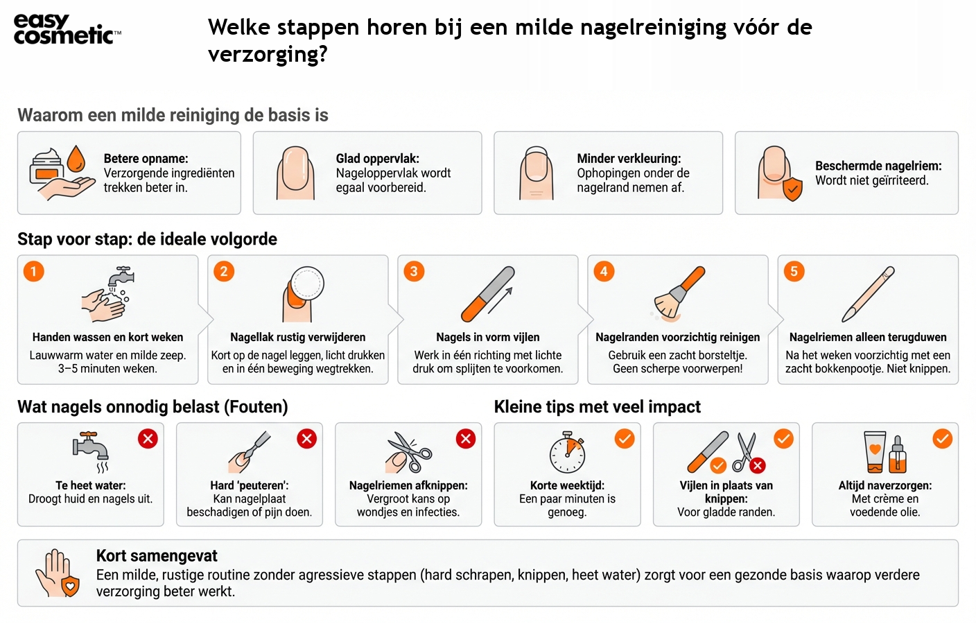 Welke stappen horen bij een milde nagelreiniging vóór de verzorging?