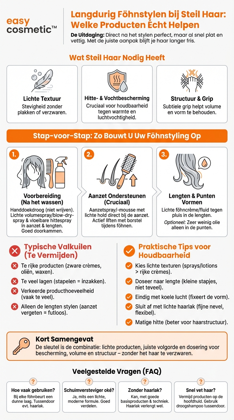 Welke stylingproducten zijn geschikt voor een langdurige föhnstyling bij steil haar?