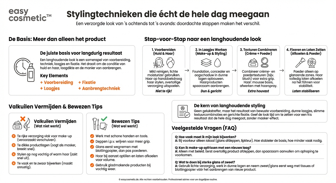 Welke stylingtechnieken helpen ervoor te zorgen dat mijn look de hele dag blijft zitten?