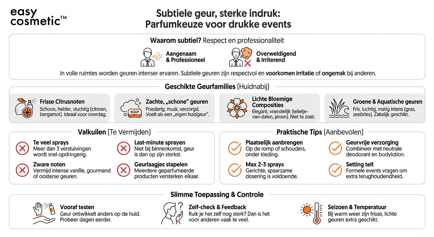 Welke subtiele geuren zijn geschikt als ik bij een gelegenheid veel mensen van dichtbij ontmoet (bijv. receptie, netwerkevent)?