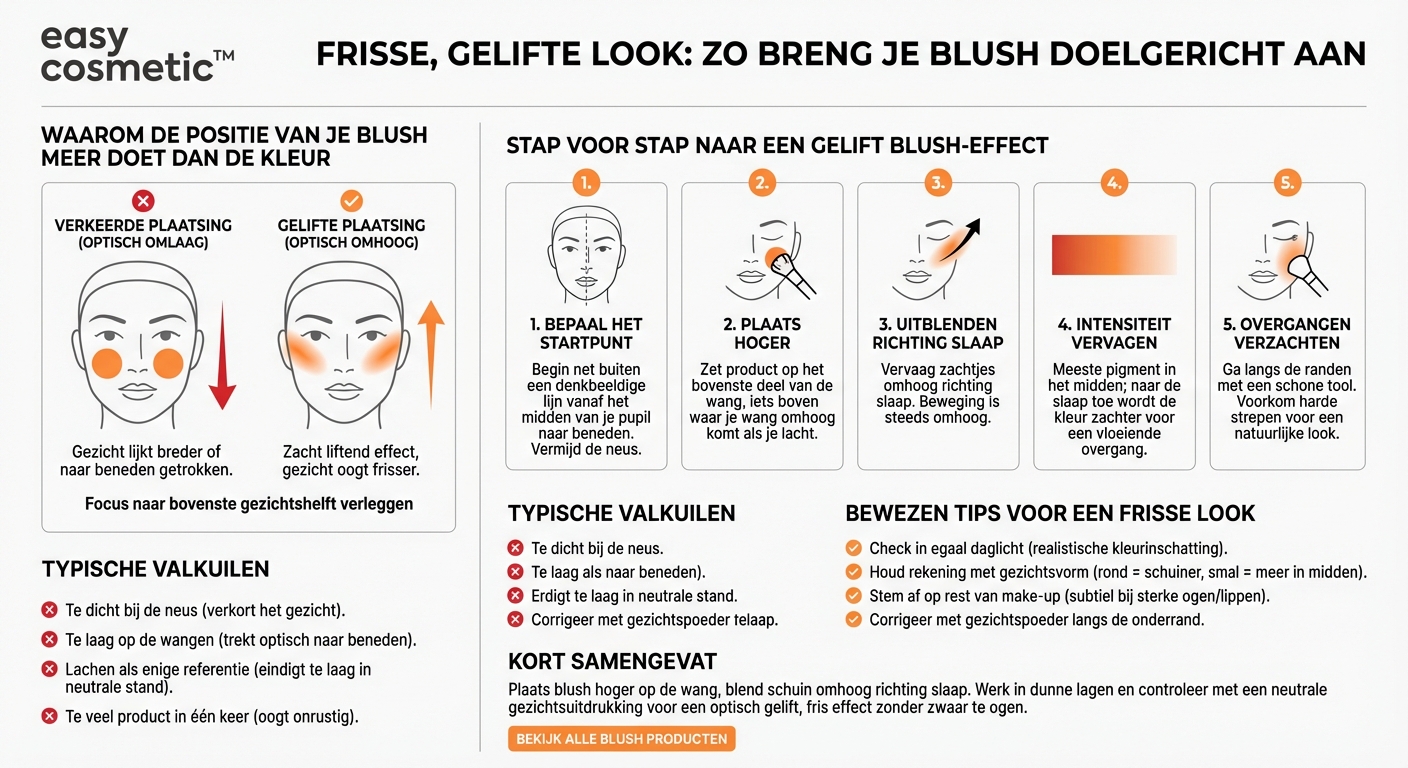 Welke techniek is geschikt om blush zo aan te brengen dat het gezicht frisser en gelift lijkt?