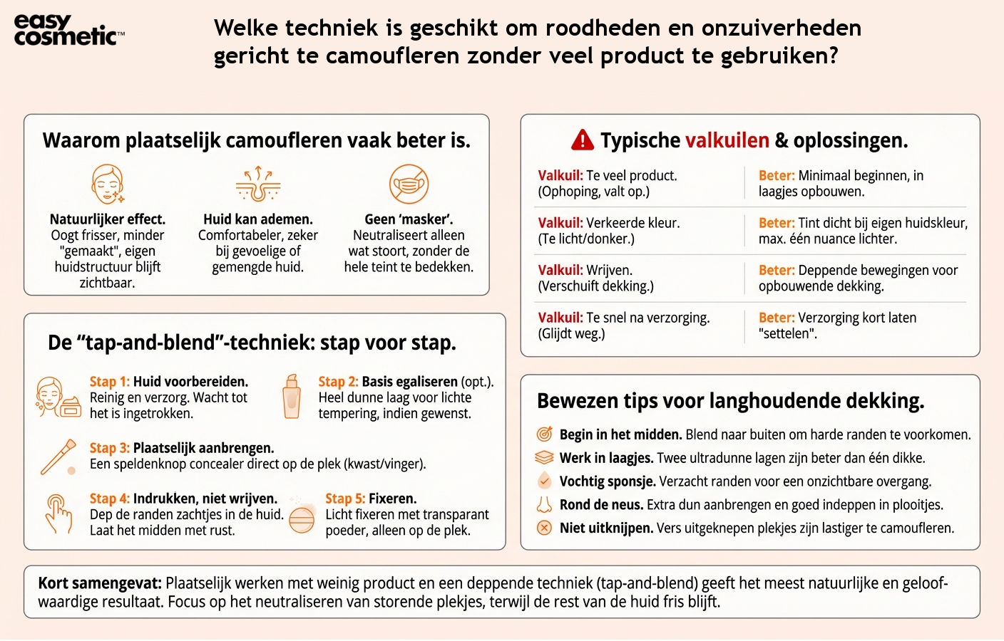 Welke techniek is geschikt om roodheden en onzuiverheden gericht te camoufleren zonder veel product te gebruiken?