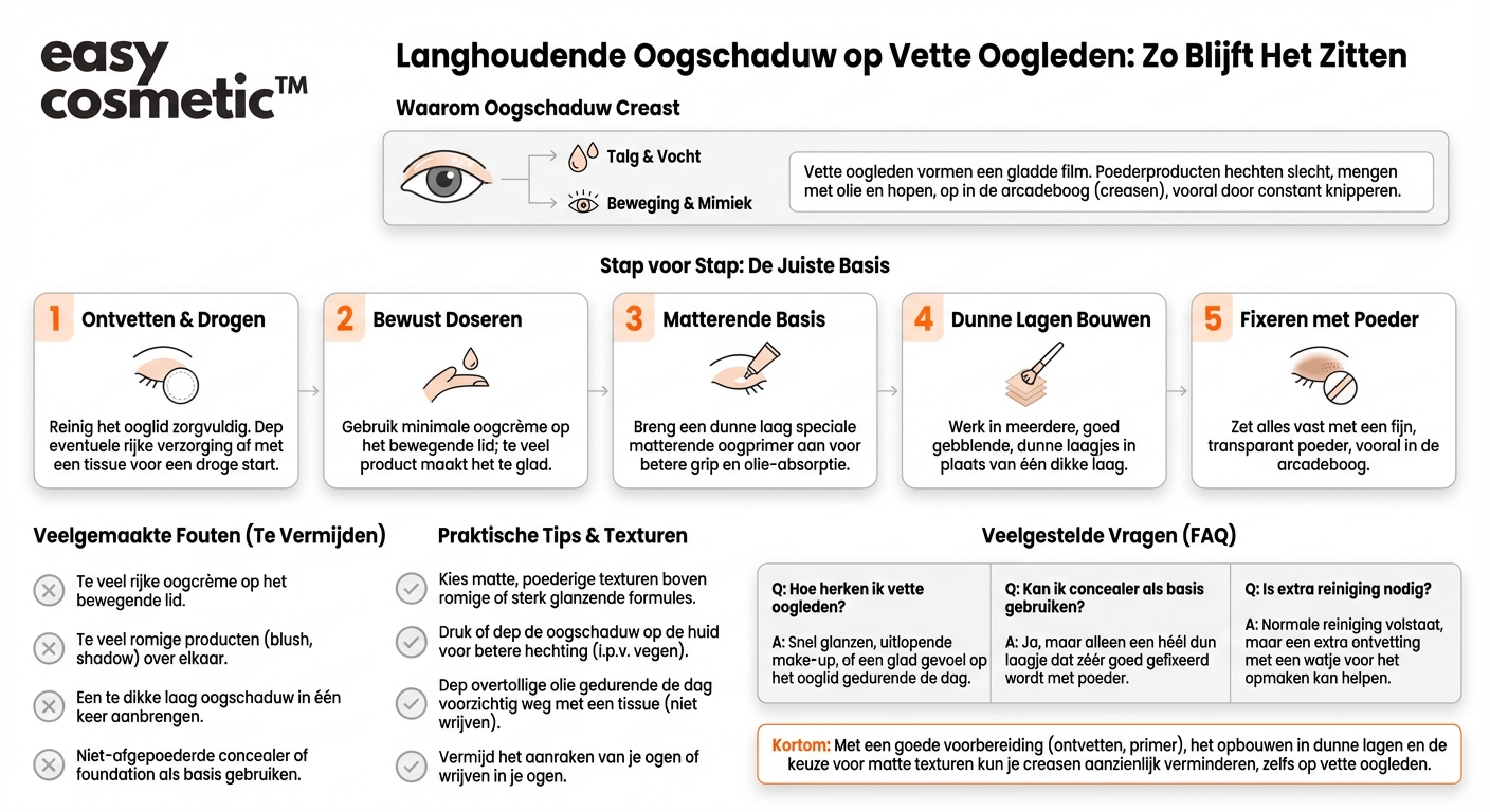 Welke technieken helpen om te voorkomen dat oogschaduw op vette oogleden in de oogplooi gaat zitten?