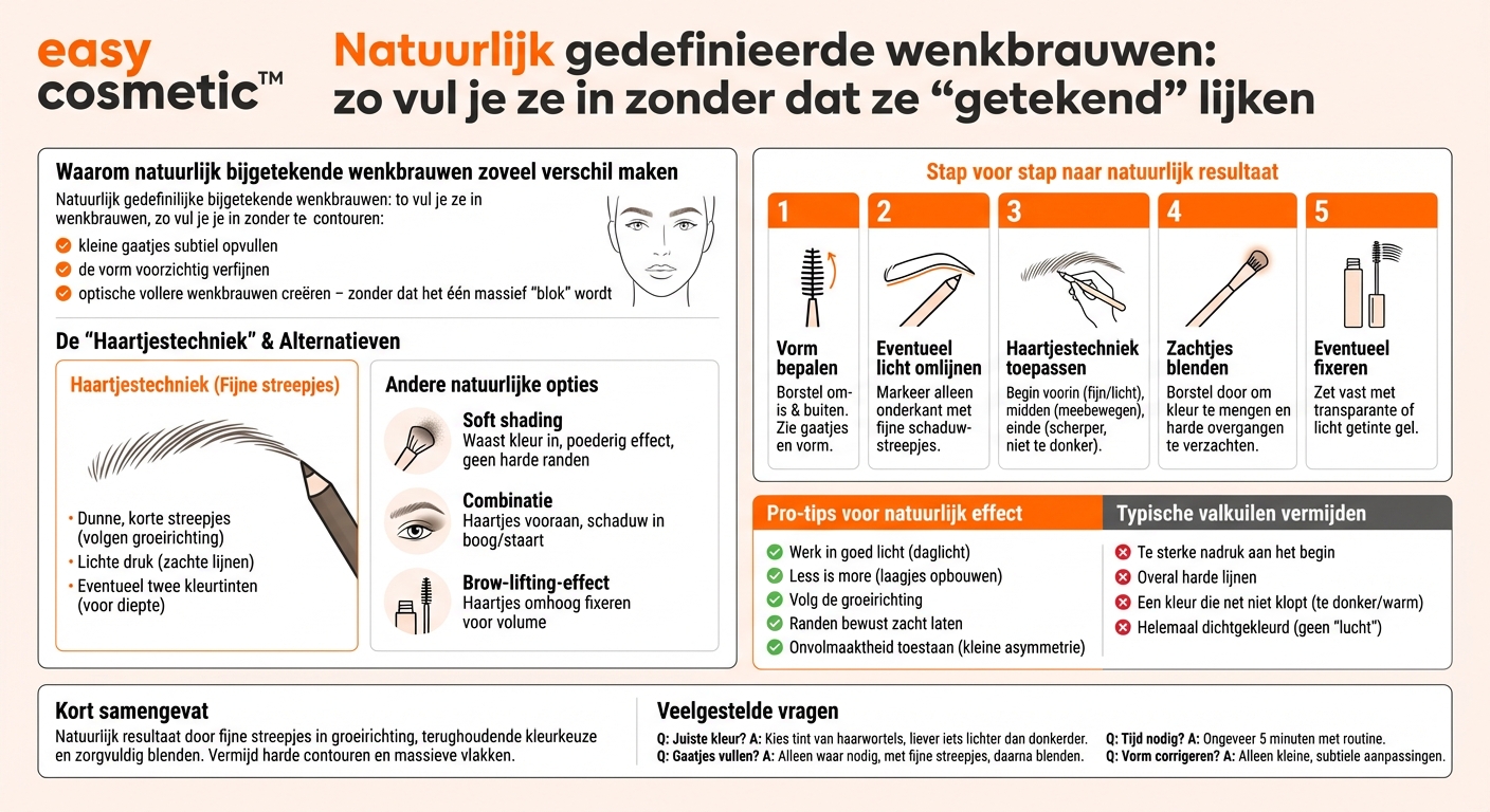 Welke technieken zijn er om wenkbrauwen natuurlijk na te tekenen (bijv. haartjes-techniek)?