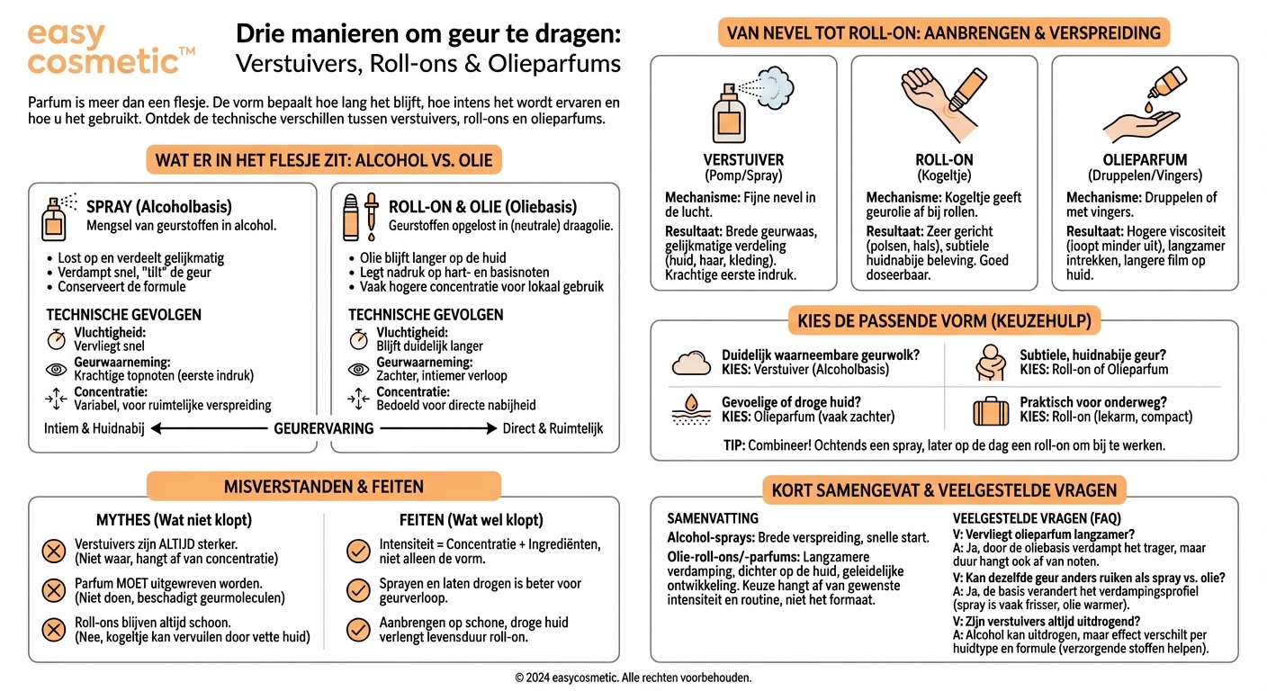 Welke technische verschillen bestaan er tussen parfums in spuitflacons, roll-ons en oliegeuren?