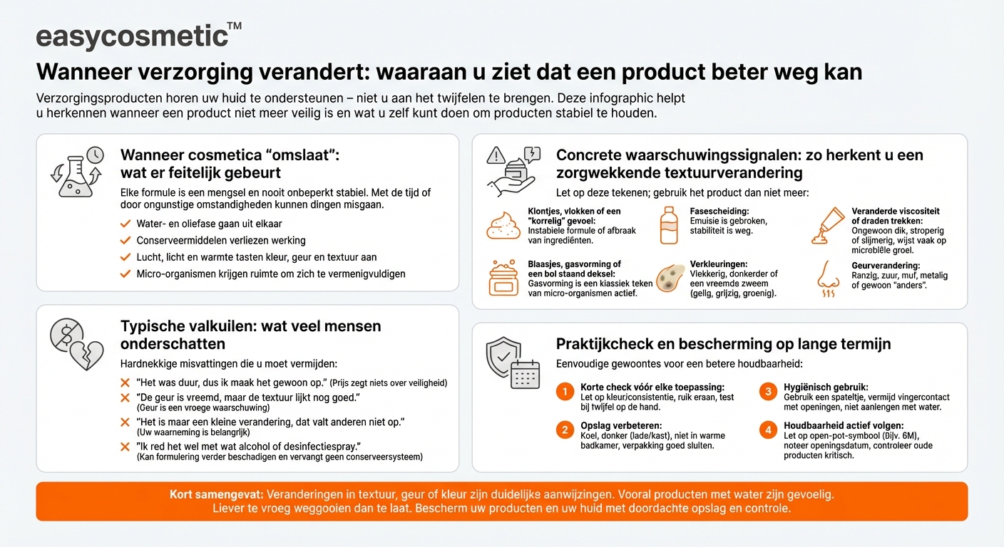 Welke tekenen wijzen op een veranderde textuur waarbij ik het verzorgingsproduct beter kan weggooien?