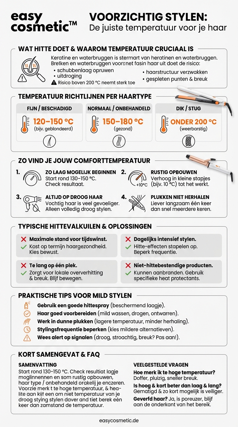 Welke temperatuur is bij een stijltang of krultang nog zacht voor mijn haar?