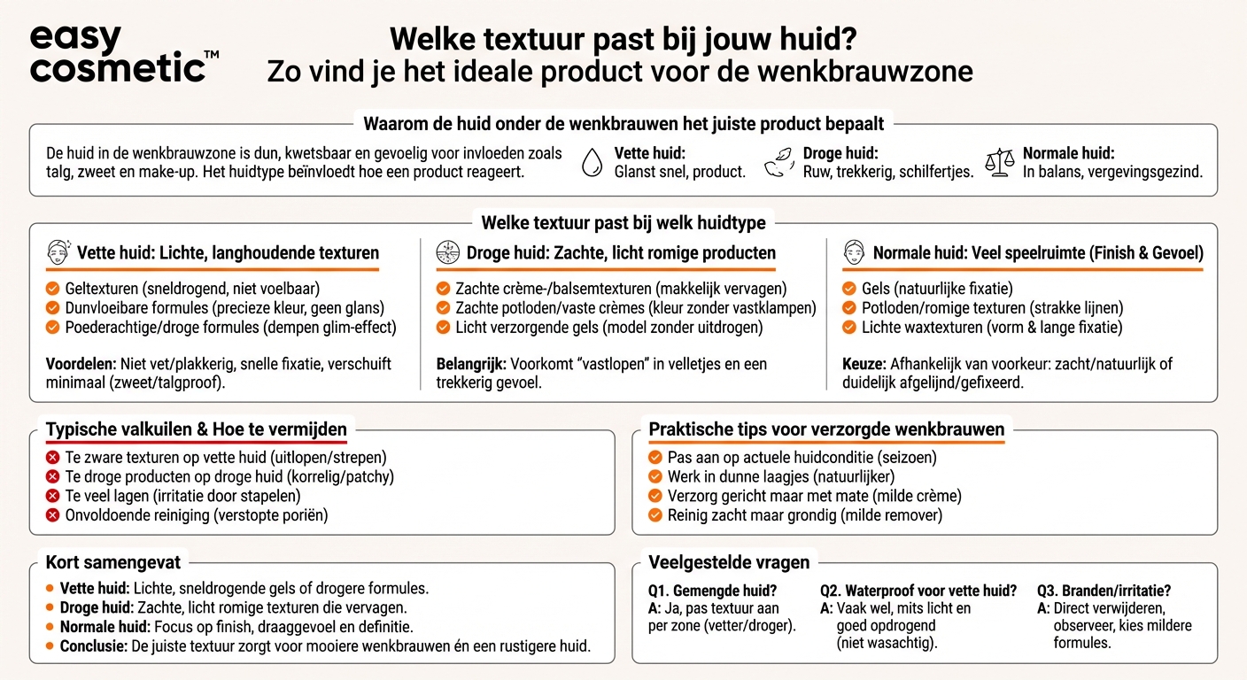 Welke textuur is het meest geschikt voor een vette, droge of normale huid rond de wenkbrauwen?