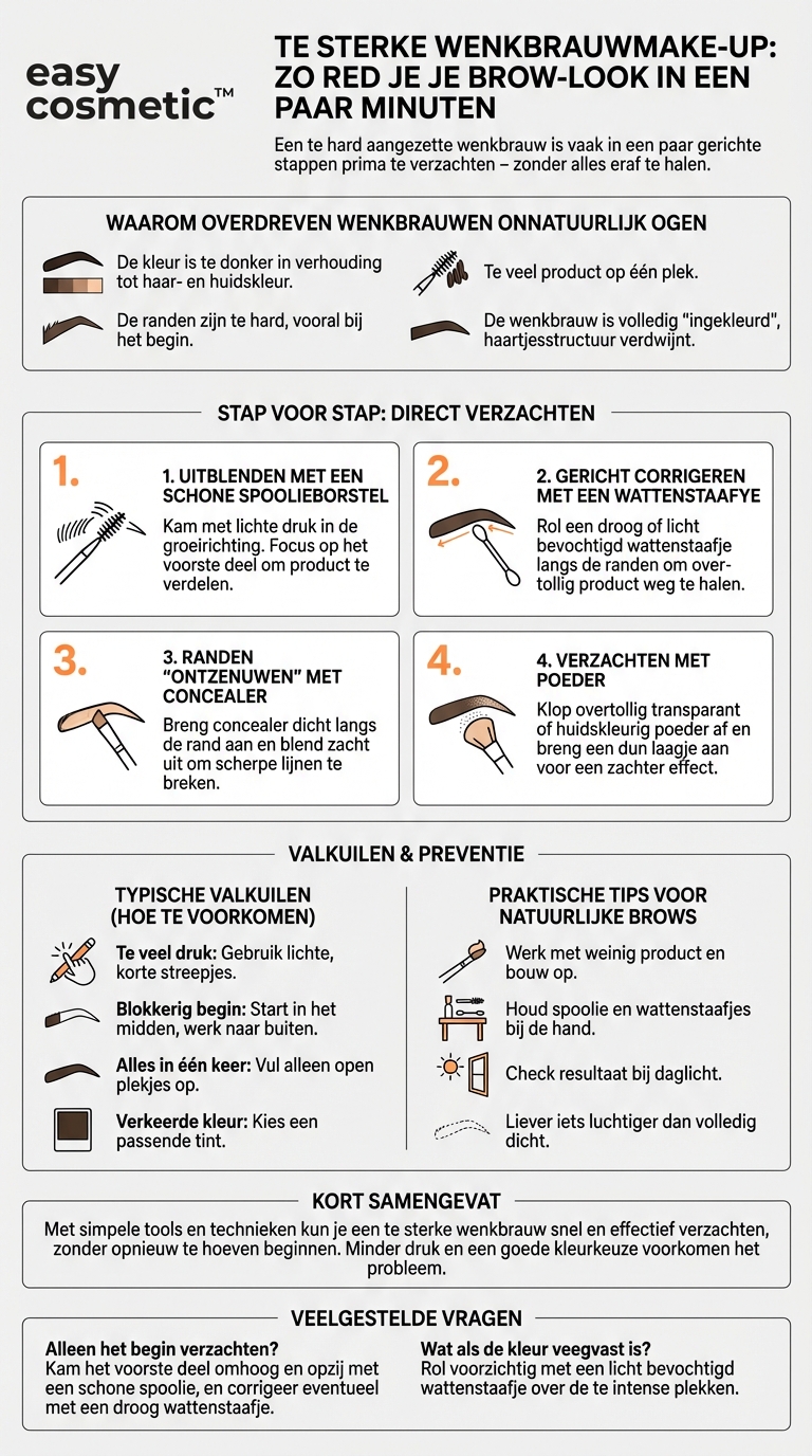 Welke tips zijn er om een te sterk aangezette wenkbrauwmake-up snel te verzachten zonder alles opnieuw te hoeven doen?