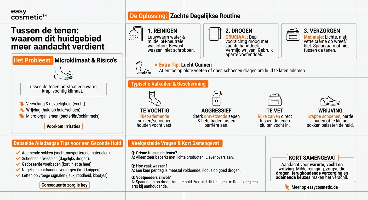 Welke tips zijn er voor de verzorging van de huid tussen de tenen om irritaties te voorkomen?