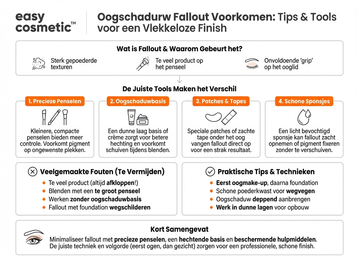 Welke tools helpen om fallout onder de ogen te voorkomen bij het aanbrengen van oogschaduw?