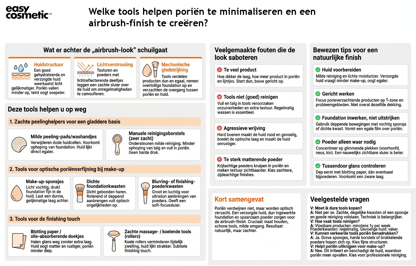 Welke tools helpen poriën te minimaliseren en een airbrush-finish te creëren?
