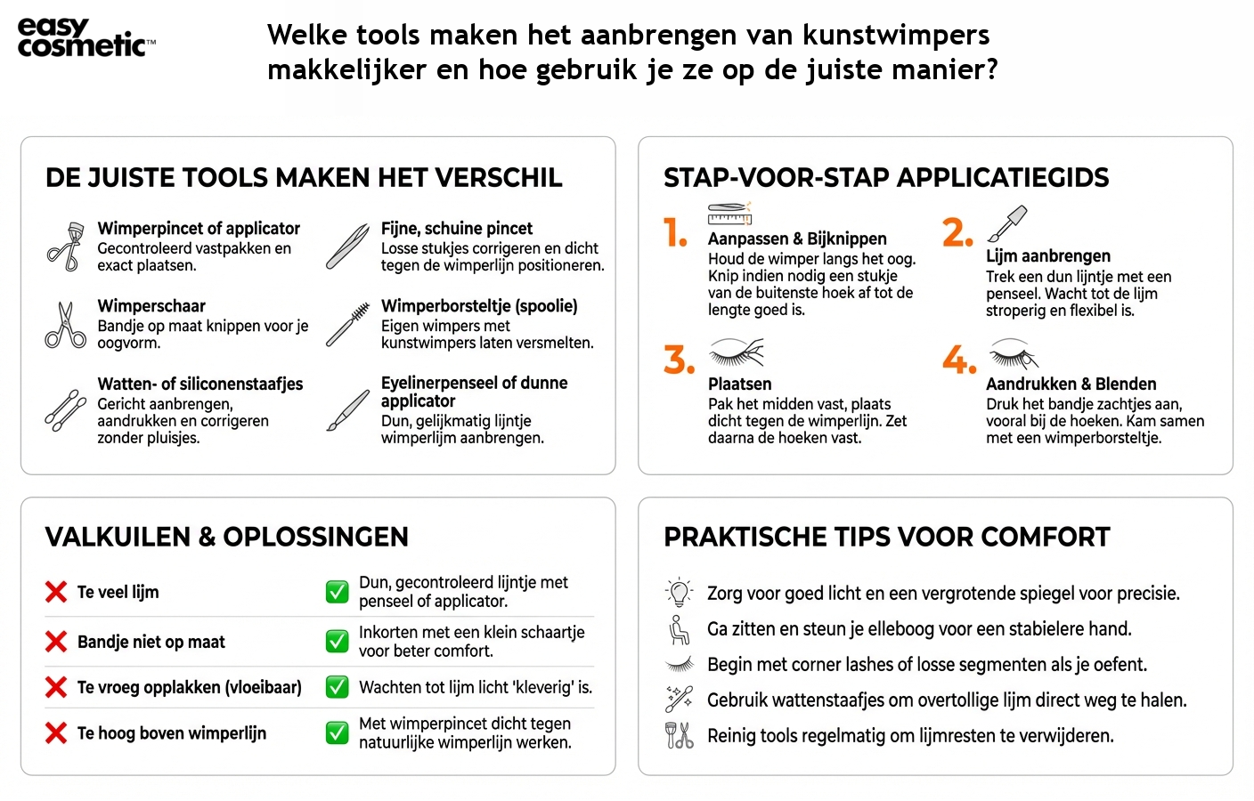 Welke tools maken het aanbrengen van kunstwimpers makkelijker en hoe gebruik je ze op de juiste manier?