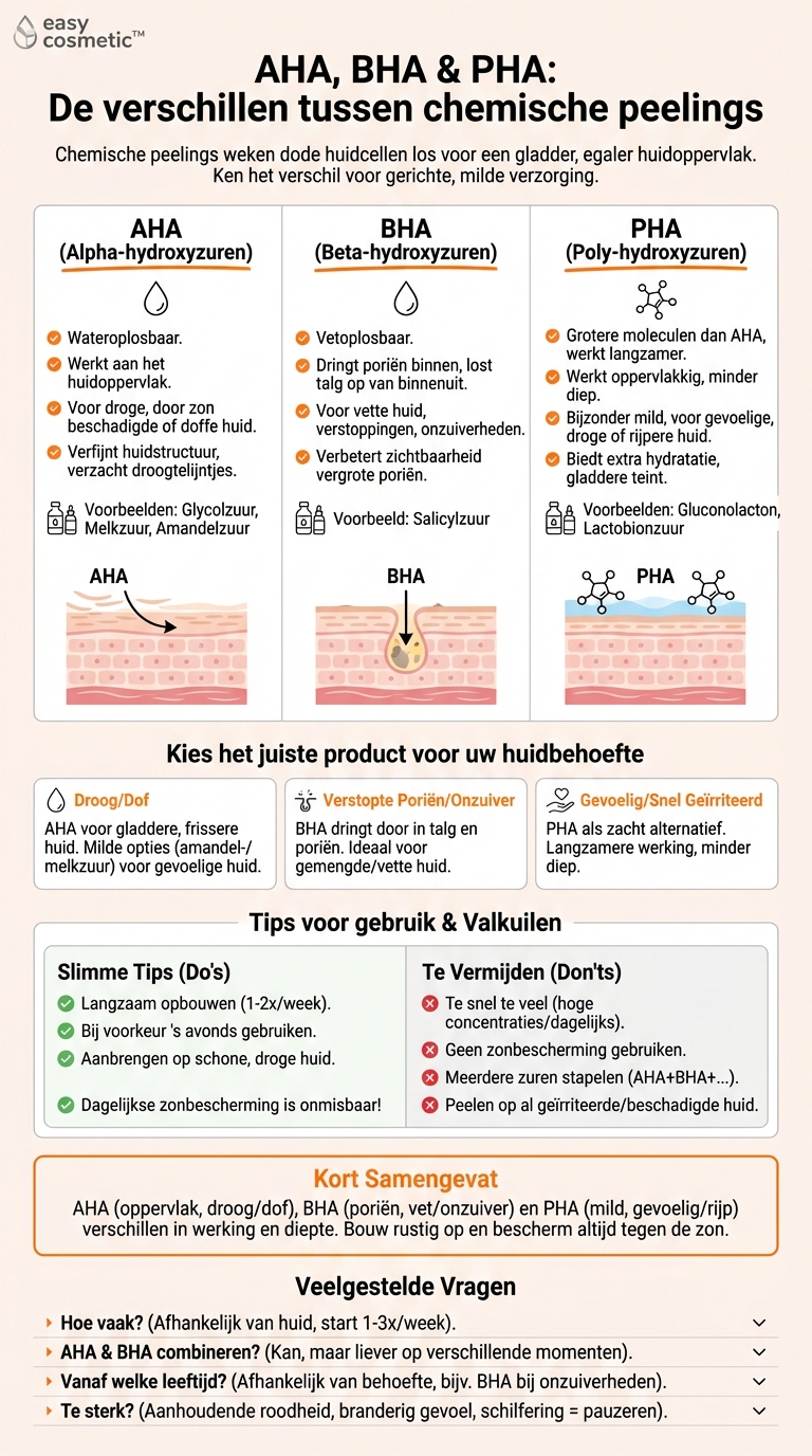 Welke verschillen zijn er tussen AHA-, BHA- en PHA-peelings?