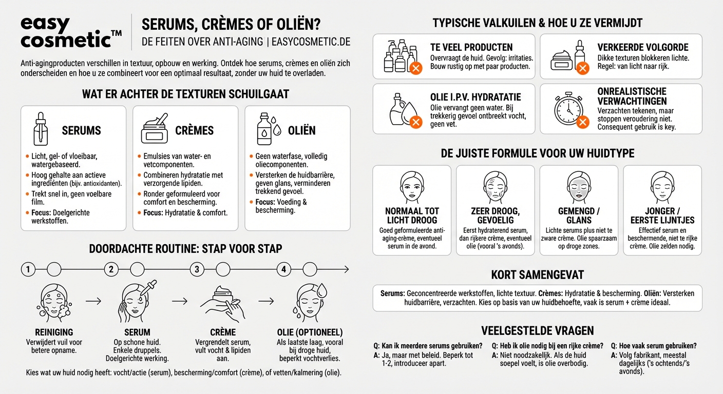 Welke verschillen zijn er tussen anti-agingserums, crèmes en oliën?