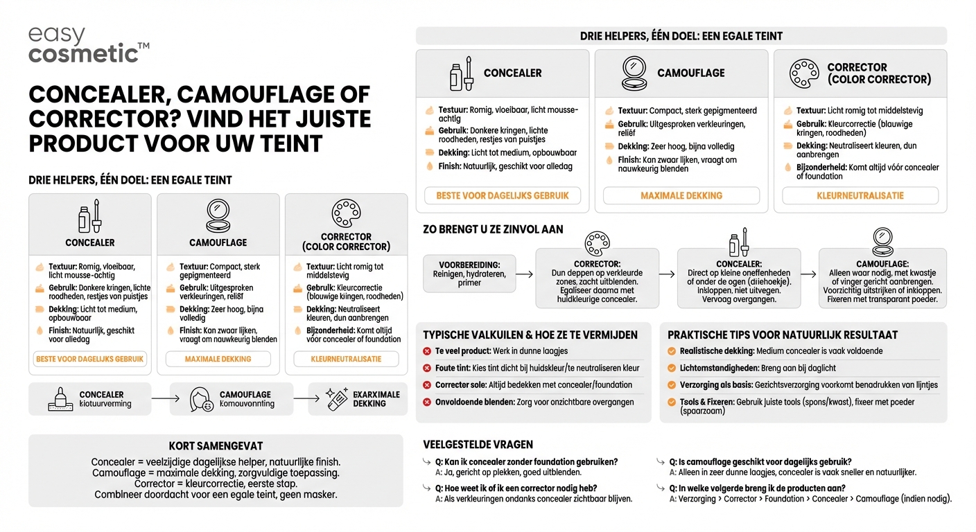 Welke verschillen zijn er tussen concealer, camouflage en corrector met betrekking tot toepassing en dekking?