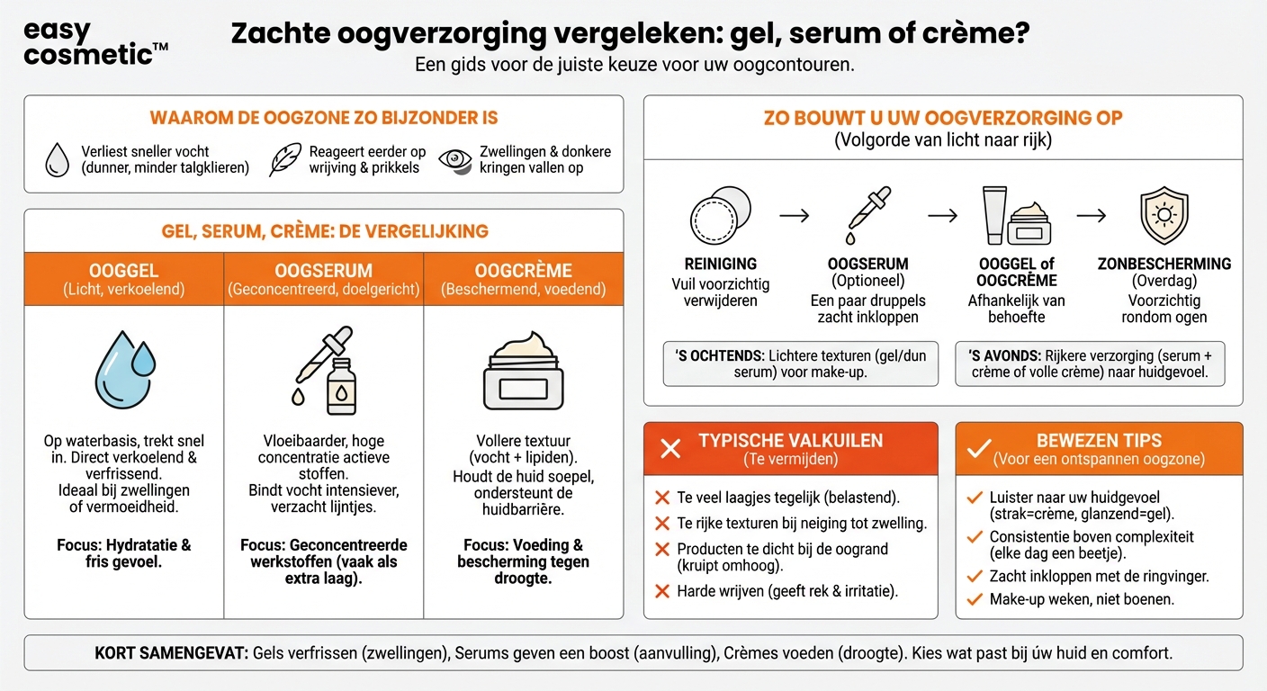 Welke verschillen zijn er tussen gel, serum en crème voor de oogcontour?